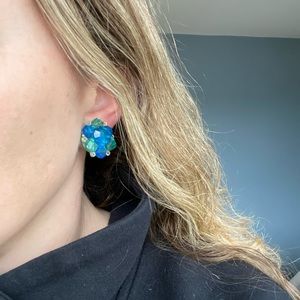 Vintage Blue Beaded Clip On Earrings Circa 1950